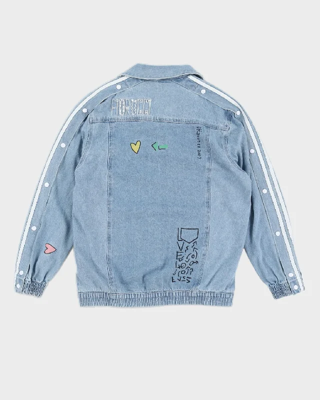 Adidas x Fiorucci Printed Denim Jacket - M Welt Pockets Slit Pockets Flap Pockets