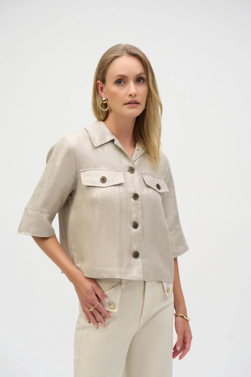 Joseph Ribkoff Foiled Jacket Blouse Style #252921 Champagne Satin Fabric Silk Fabric Chiffon Fabric Joseph Ribkoff Foiled Jacket Blouse Style #252921 Champagne Satin Fabric Silk Fabric Chiffon Fabric