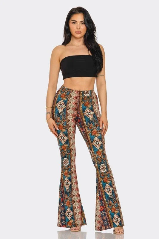 Boho Floral Printed Flared Pants High-Waist Jeans