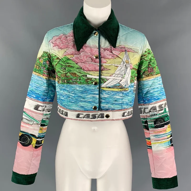 CASABLANCA Size XS Multi-Color Printed Satin Cropped Jacket Denim Fabric Leather Fabric Suede Fabric CASABLANCA Size XS Multi-Color Printed Satin Cropped Jacket Denim Fabric Leather Fabric Suede Fabric