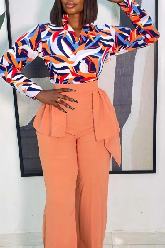 Graphic Print V Neck Stylish Ribbons Pant Suit Fashionable Work Pants