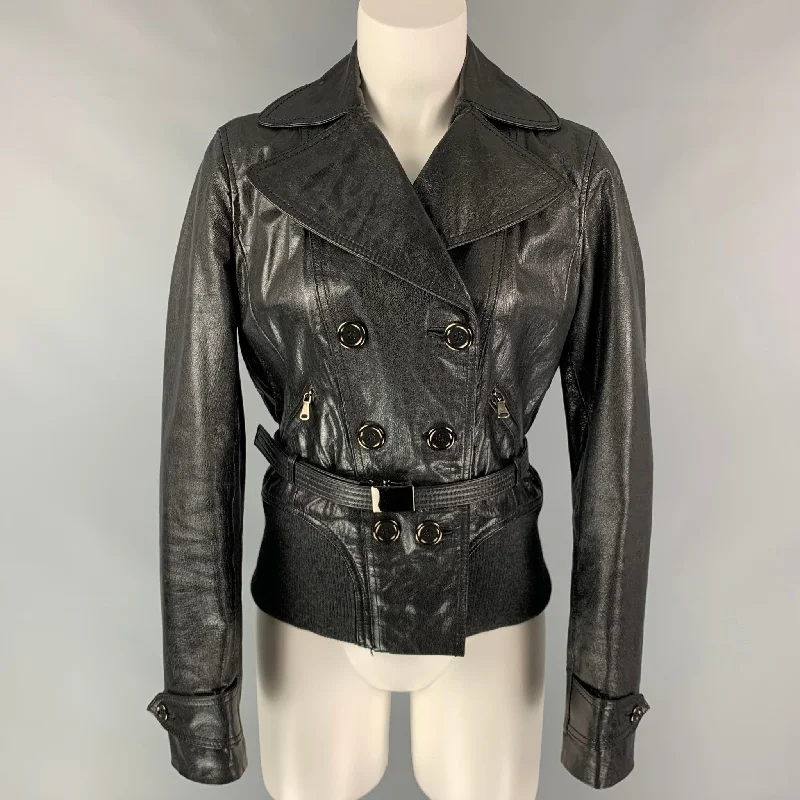 D&G by DOLCE & GABBANA Size 6 Black Leather Double Breasted Belted Jacket Rayon Jacket Velvet Jacket Corduroy Jacket D&G by DOLCE & GABBANA Size 6 Black Leather Double Breasted Belted Jacket Rayon Jacket Velvet Jacket Corduroy Jacket