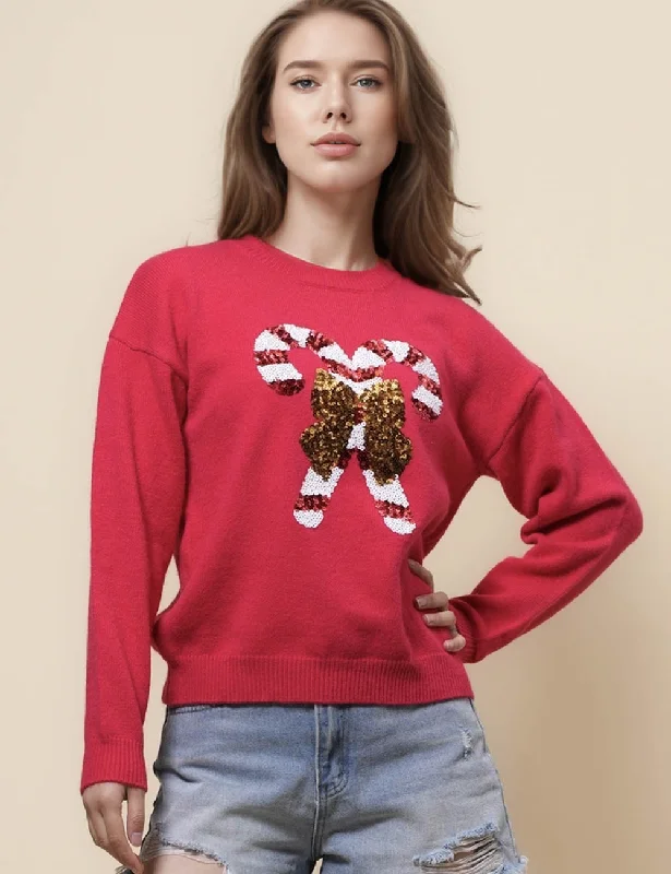 Ladies Christmas Round Necl Cozy Sweater SKT41105 Real Fur Shearling Chenille