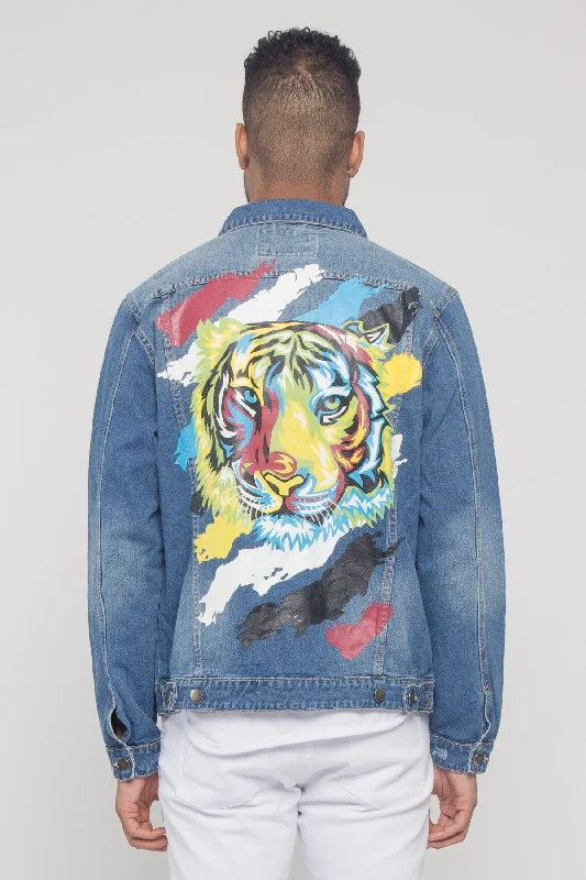 Colorful Painted Tiger Denim Jacket Wool Jacket Cashmere Jacket Tweed Jacket