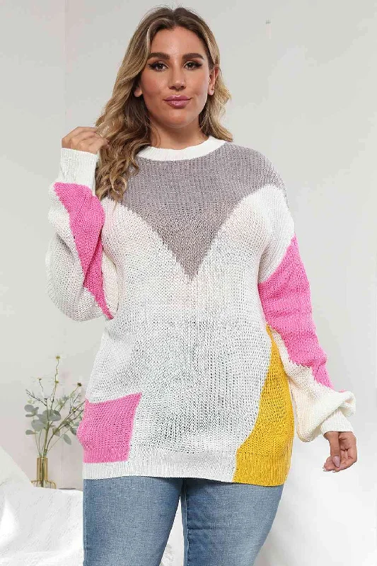 Chic and Cozy: Plus Size Color Block Women Round Neck Sweater Spandex Blend Rayon Blend Denim Blend Chic and Cozy: Plus Size Color Block Women Round Neck Sweater Spandex Blend Rayon Blend Denim Blend