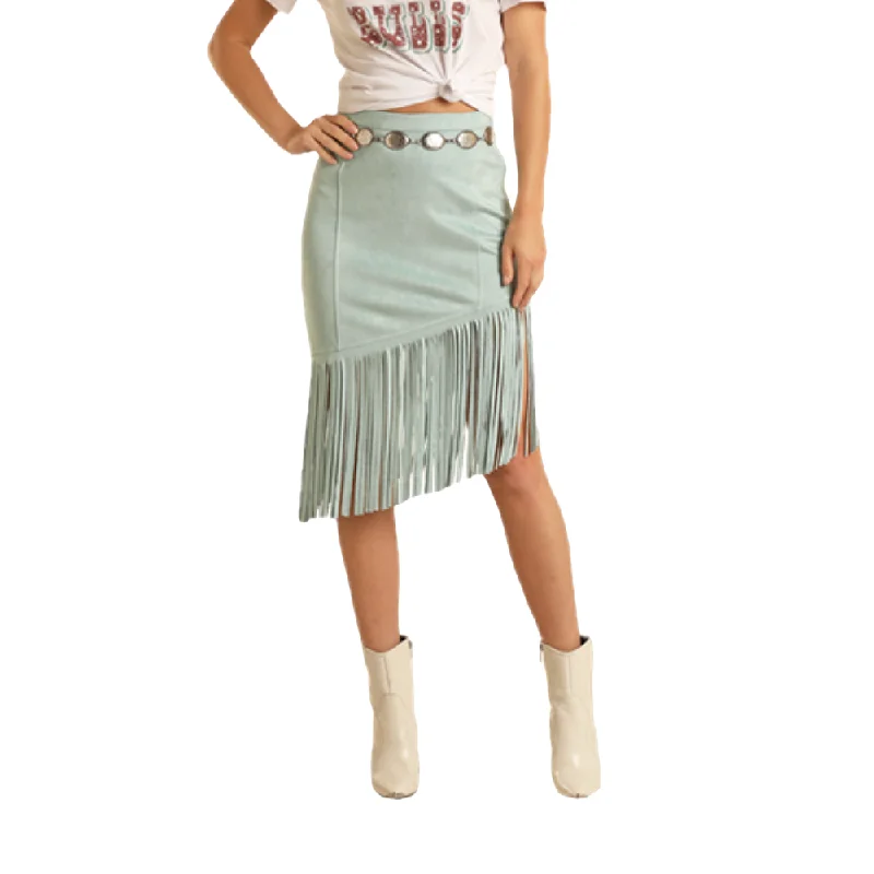 Rock & Roll Denim Ladies Asymmetrical Fringed Light Turquoise Skirt BW69B03278-88 athletic skirt fit