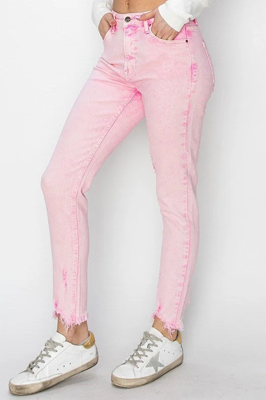 Risen: Acid Pink High Rise-Crop Skinny-Fray Hem Pants Comfy Cargo Trousers