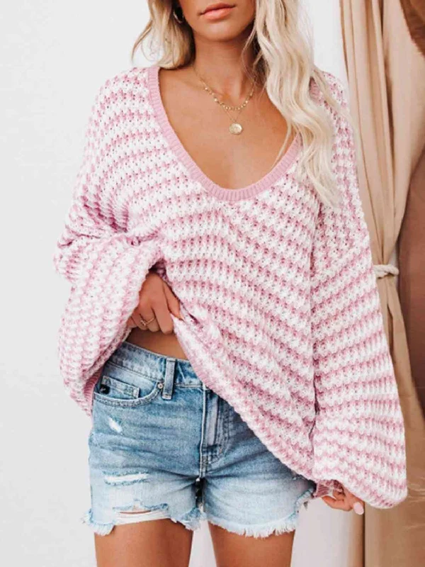 Striped Drop Shoulder V-Neck Sweater Women Layered Multi-layer Single Layer