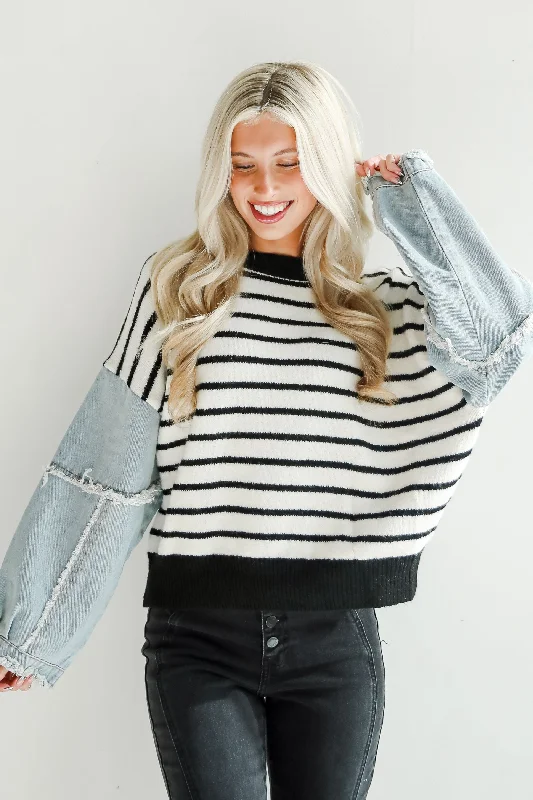 FINAL SALE - Coveted Element Ivory Striped Contrast Sweater Lace Blend Ribbed Blend Corduroy Blend