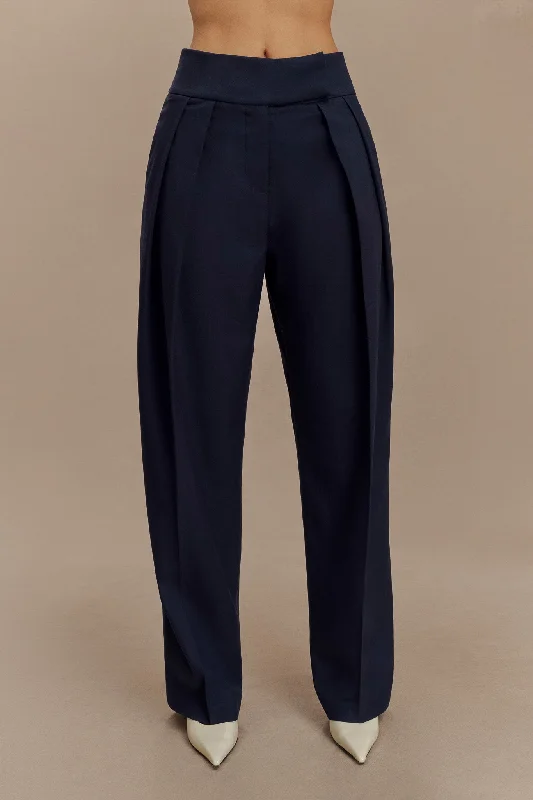 Penelope Pleated High Waisted Pants - Dark Navy Slim-Fit Khaki Pants