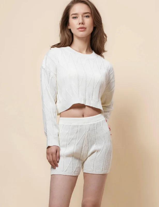 Ladies Solid Color Sweater Shorts 2PCS Set SKST41162 Mesh Sweater Canvas Denim