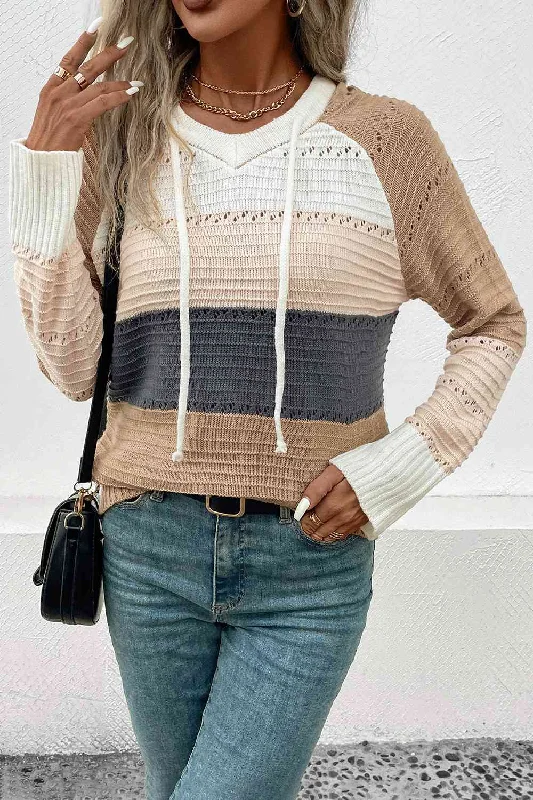 Casual and Trendy: Color Block Drawstring Hooded Sweater for Women Mesh Blend Leather Blend Suede Blend Casual and Trendy: Color Block Drawstring Hooded Sweater for Women Mesh Blend Leather Blend Suede Blend