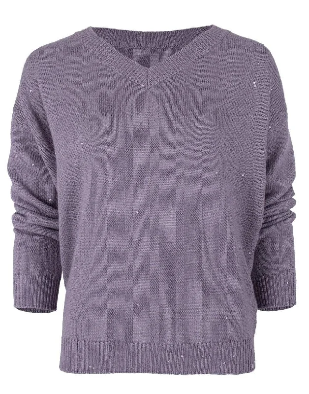 Violet Long Sleeve V-Neck Cashmere Silk Pailette Knit Sweater Chenille Brocade Lace