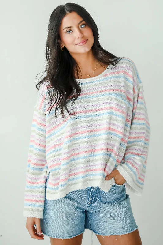 FINAL SALE - Sensationally Sweeter Ivory Striped Lightweight Knit Sweater Toggled Drawstring Belted FINAL SALE - Sensationally Sweeter Ivory Striped Lightweight Knit Sweater Toggled Drawstring Belted