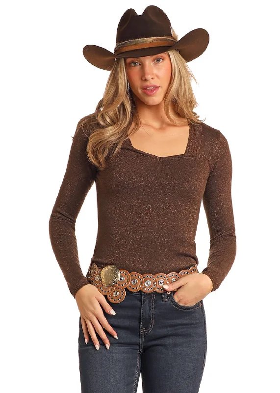 Women's Rock & Roll Chocolate Shimmer Sweater High Neck Crew Neck V-Neck