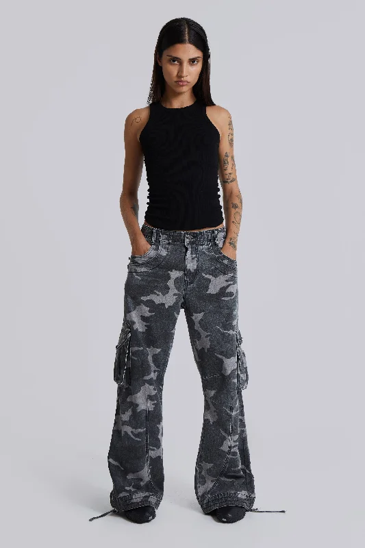 Washed Black Trooper Camo Cargo Pant Trendy Tapered Pants