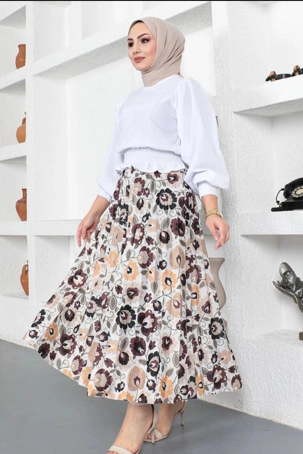 Floral Patterned Pleated Long Maxi Skirt - Beige silk skirt smooth