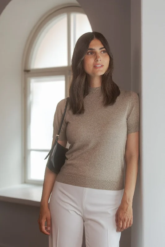 Kelly Short Sleeve Sweater With Mock Neck Greige Cashmere Blend Cotton Blend Poly Blend Kelly Short Sleeve Sweater With Mock Neck Greige Cashmere Blend Cotton Blend Poly Blend
