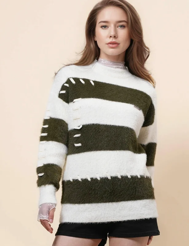 Ladies Faux Mink Color Block Striped Sweater SKT41056 Mesh Fabric Canvas Fabric Denim Fabric