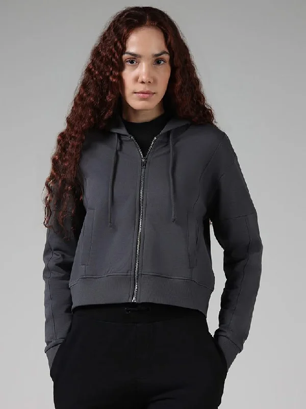 Studiofit Solid Charcoal Grey Cotton Crop Hoodie Jacket Fleece Jacket Down Jacket Parka Studiofit Solid Charcoal Grey Cotton Crop Hoodie Jacket Fleece Jacket Down Jacket Parka