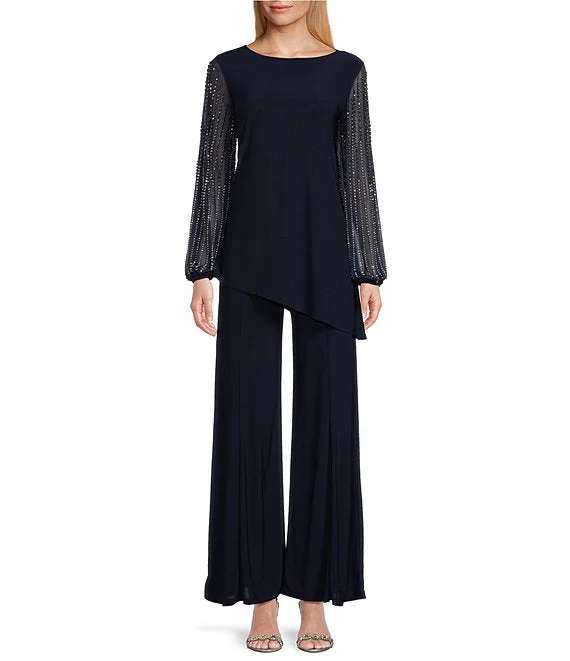 Marina Boat Neck Embellished Chiffon Long Sleeve Asymmetrical Hem and Elastic Mid Waist Wide Leg Two Piece Set Pant Elegant Palazzo Trousers