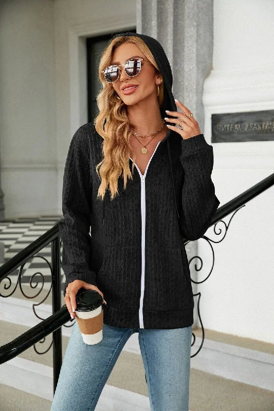 WOMEN LONG SLEEVE DRAWSTRING HOODED ZIP UP JACKET Jacket Blazer Coat