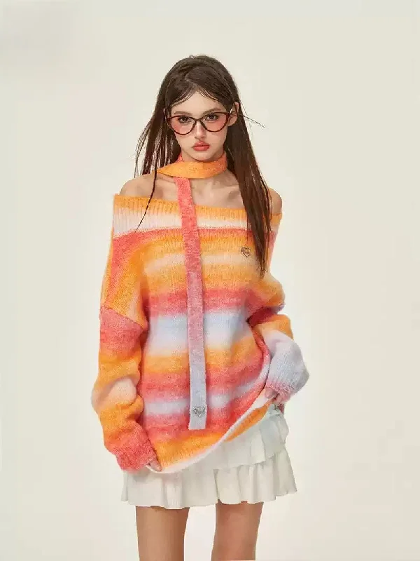 Rainbow Knitted Off-shoulder Lazy Sweater GIF0074 Mesh Fabric Canvas Fabric Denim Fabric Rainbow Knitted Off-shoulder Lazy Sweater GIF0074 Mesh Fabric Canvas Fabric Denim Fabric