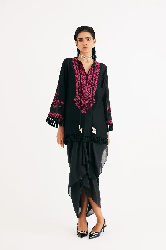 Black Silk Chanderi Embroidered Kurta and Drape Skirt Set boho skirt vibe