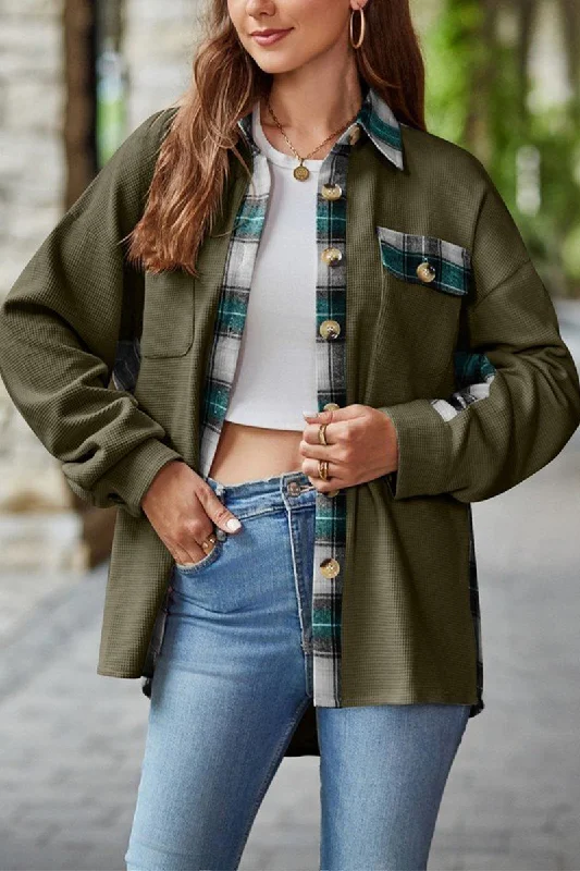 WOMEN PLAID DETAIL KNITTED LOOSE SHACKET JACKET Bomber Jacket Anorak Windbreaker