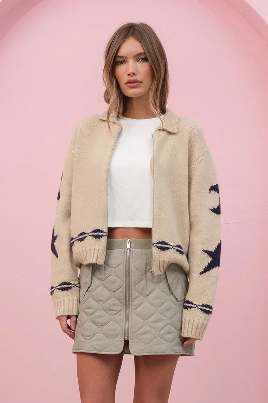 Cozy Pattern Zip Sweater Jacket Chenille Brocade Lace