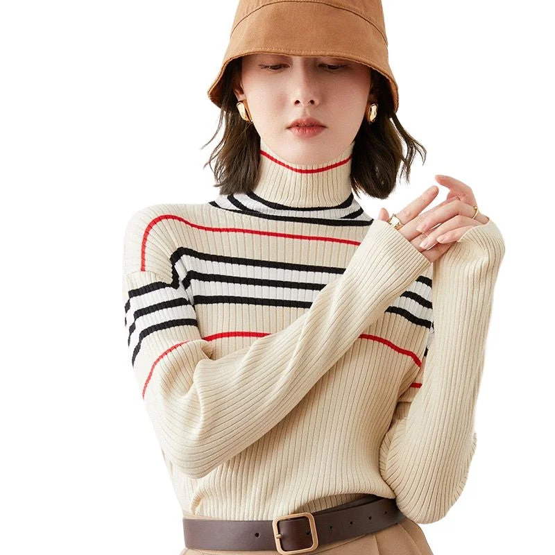 EMG Design Women's Fine Fashion Autumn Winter Stylish Stripes Designer Sweater Collared Crew Neck Turtle Neck