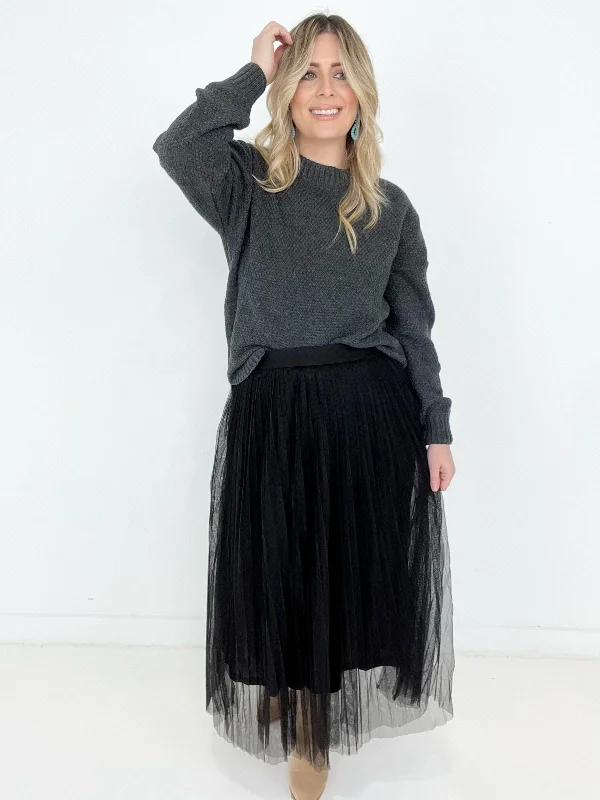Zenana Mesh Pleated Maxi Skirt elastic waist skirt