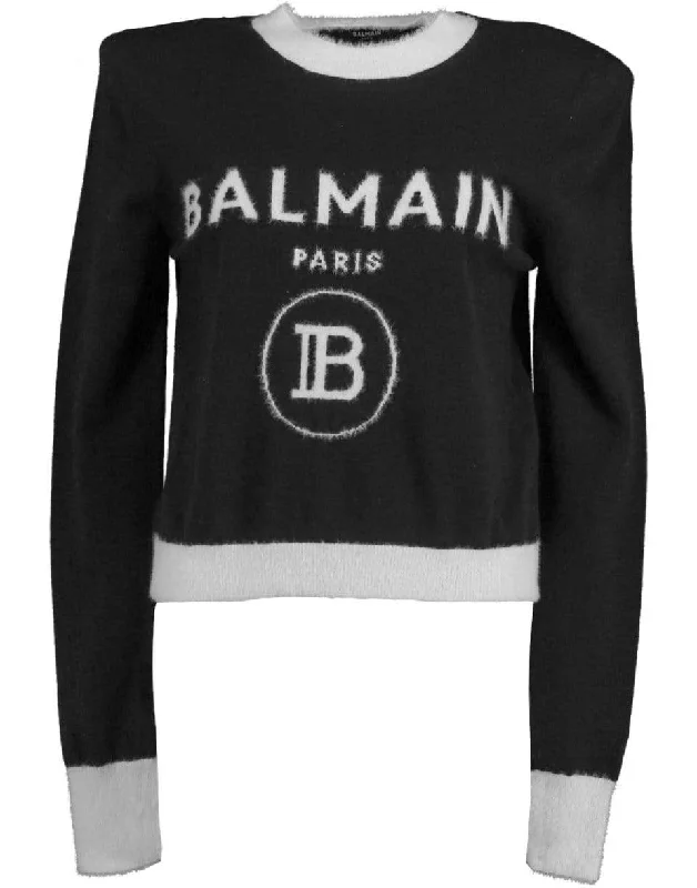 Black and White Cropped Fuzzy Logo Sweater Graphic Sweater Embroidered Appliqued