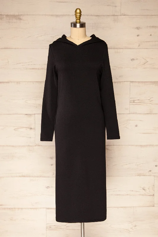 Prague Black | Midi Sweater Dress Welt Pockets Slit Pockets Flap Pockets
