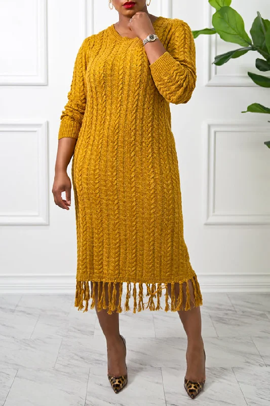 Cable Knit Fringe Trim Sweater Dress Glossy Satin Silk