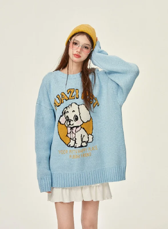 Cute Dog Blue Thick Loose Knitted Sweater GIF0068 Ribbed Striped Patterned