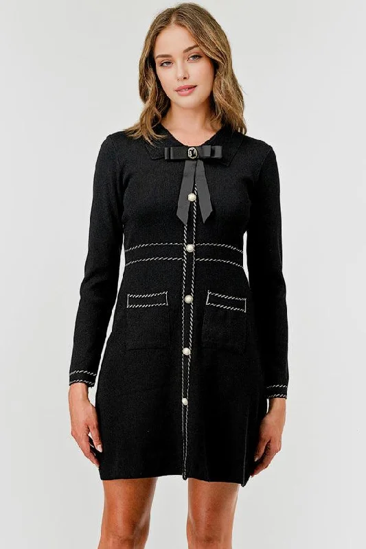 Round Neck Bow Tie Detail Sweater Dress DBLD4024 Zippered Buttoned Snapped