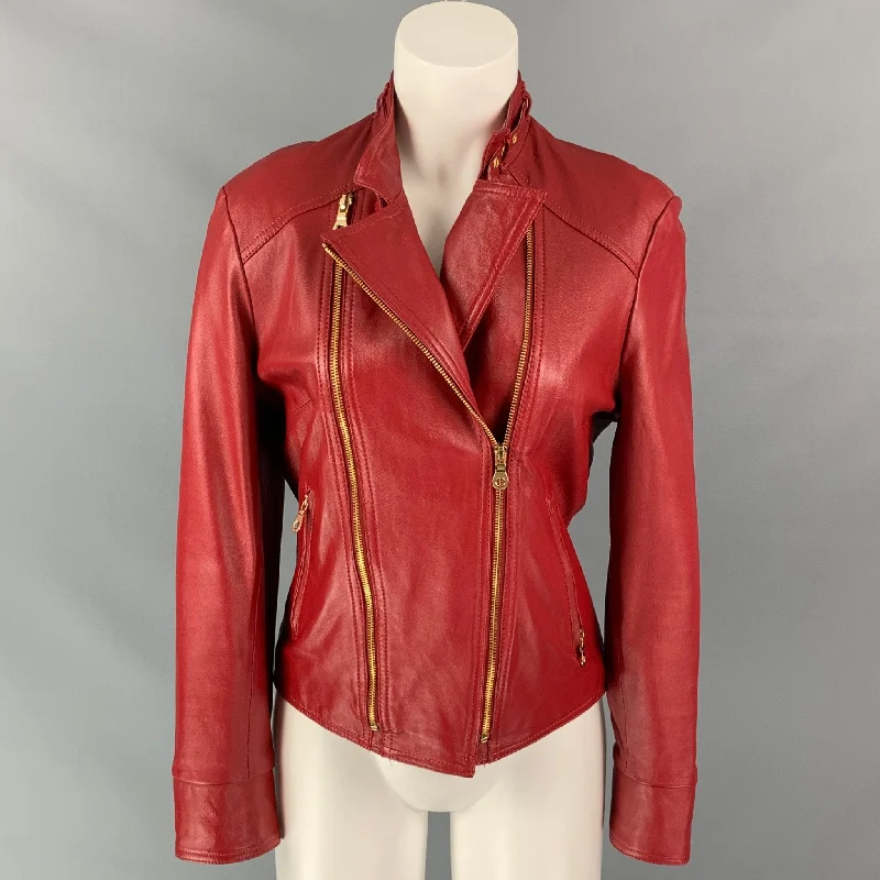 BASIC IDEA Size M Red Leather Zip Up Jacket Belted Jacket Elasticated Jacket Padded Jacket BASIC IDEA Size M Red Leather Zip Up Jacket Belted Jacket Elasticated Jacket Padded Jacket