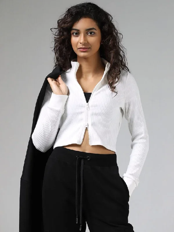 Studiofit White Cotton Blend Ribbed Crop Jacket Front Pockets Side Pockets Patch Pockets