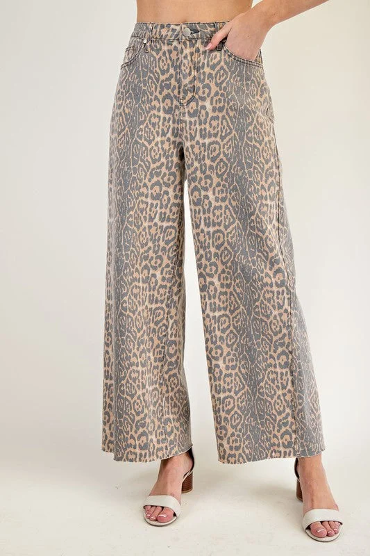 Washed Animal Print Twill Pants Comfortable Denim Leggings