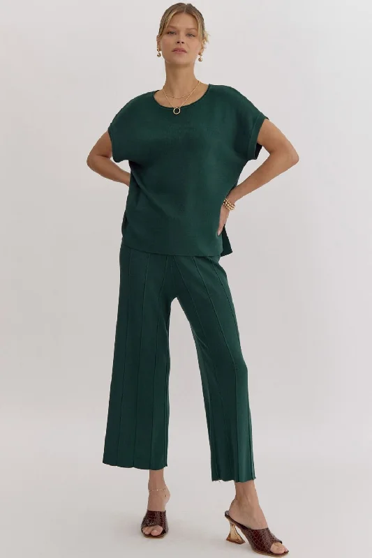 Solid ribbed round neck short sleeve top and pants set. Trendy Velvet Pants