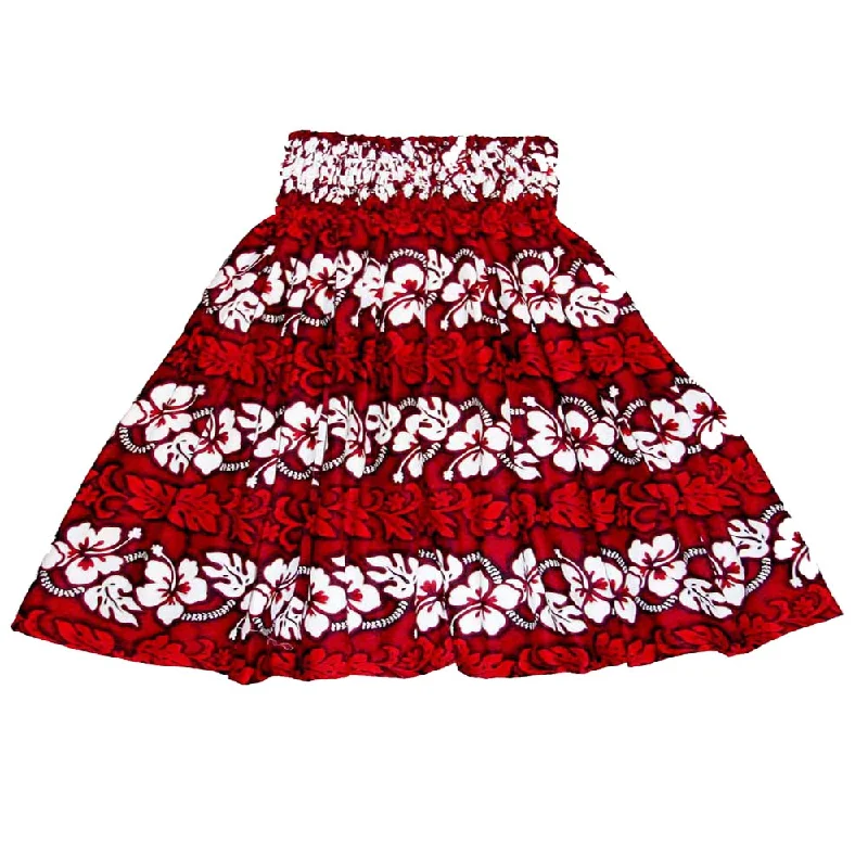White Hibiscus Panel Cotton Red Hula Skirt Made in Hawaii wool skirt breathable