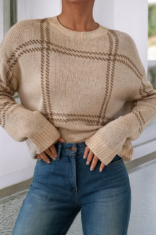 Plaid Pattern Knitted Sweater Ribbed Striped Patterned
