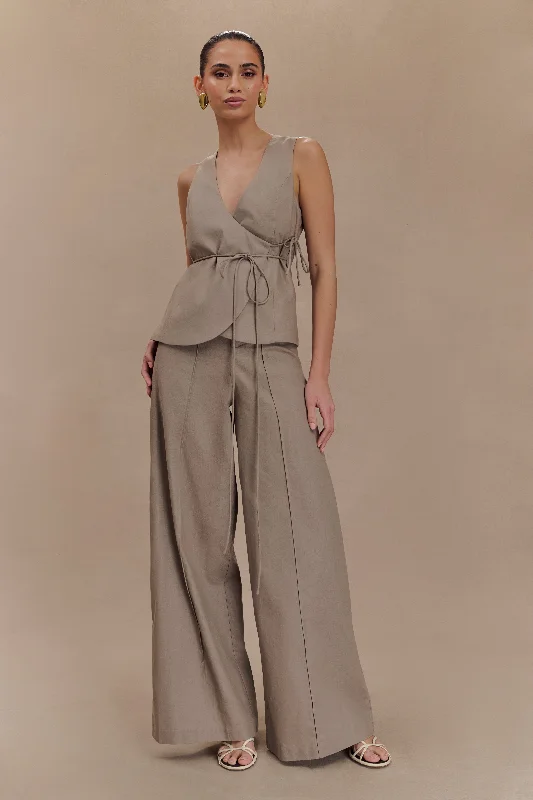Brandi Linen Straight Leg Pant - Pebble Relaxed High-Waist Trousers