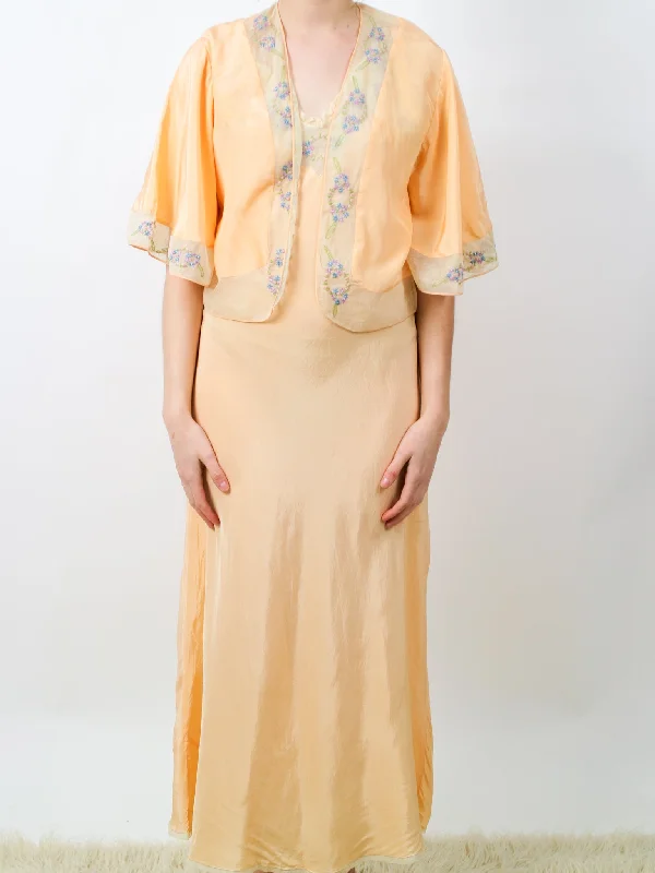 1930s Yellow Silk Nightgown with Matching Bed Jacket with Floral Embroidery Zippered Front Buttoned Front Snap Front 1930s Yellow Silk Nightgown with Matching Bed Jacket with Floral Embroidery Zippered Front Buttoned Front Snap Front