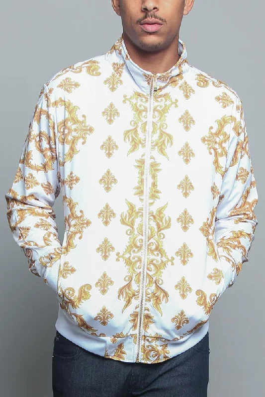 Jeweled Lion King Zip Up Track Jacket Front Pockets Side Pockets Patch Pockets