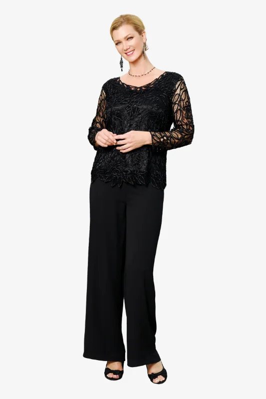 Soulmates C88903 Silk Beaded Lace Long Sleeve Tunic Top with Pants Set Trendy Velvet Pants