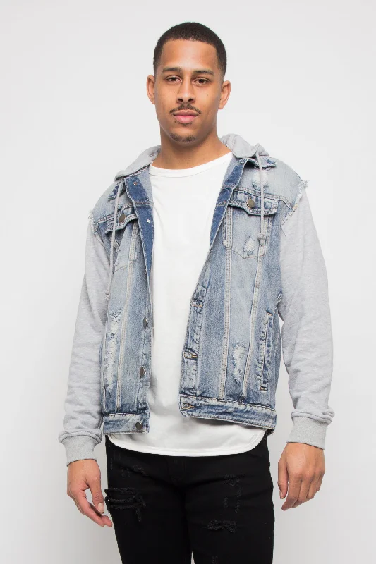Fleece Denim Jacket with Hood Cardigan Sweater Pullover
