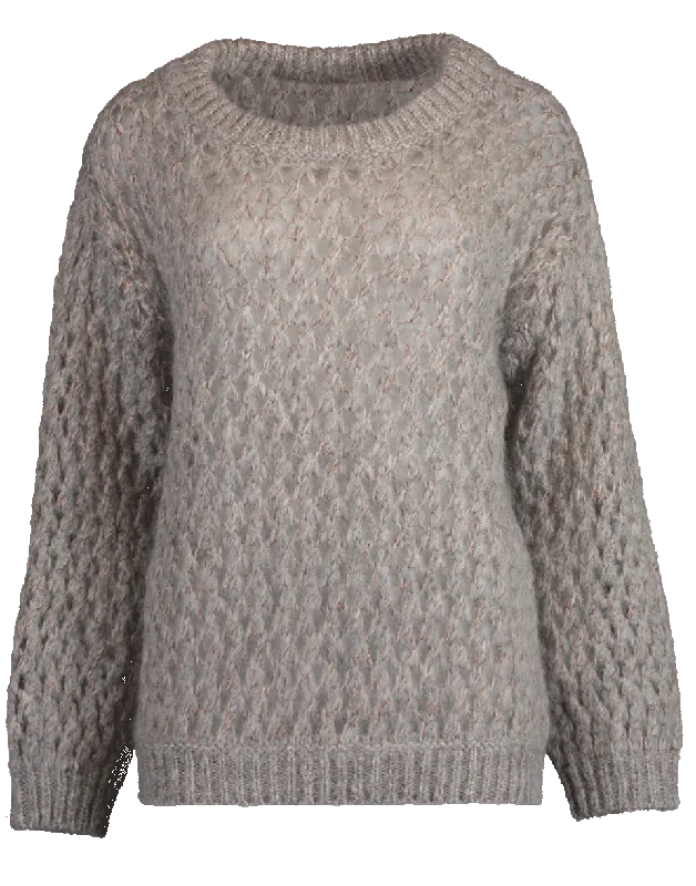 Open Weave Net Mohair Crewneck Sweater Satin Blend Silk Blend Wool Blend