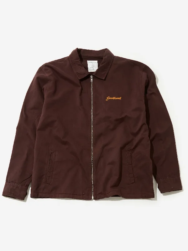 Goodhood Worldwide Mechanic Script Jacket - Chocolate Brown Oversized Jacket Tailored Jacket Straight Jacket Goodhood Worldwide Mechanic Script Jacket - Chocolate Brown Oversized Jacket Tailored Jacket Straight Jacket